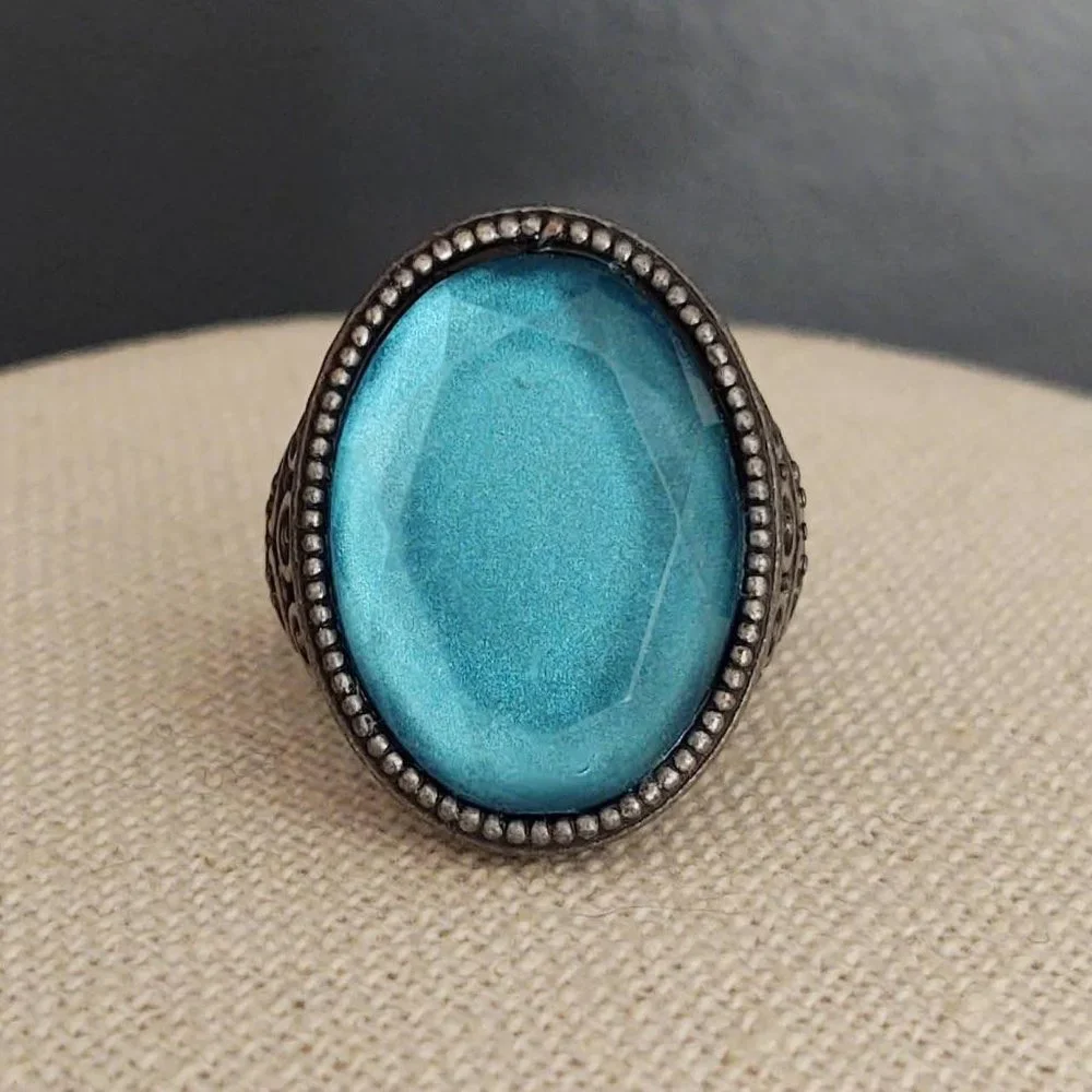 Large blue faceted bead statement ring